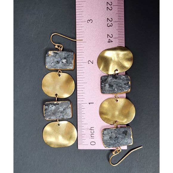 Boho Chic Gold & Gray Stone Dangle Earrings Geometric Modern Statement Luxury - Picture 5 of 6